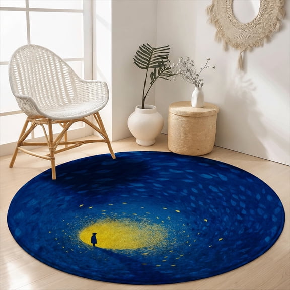 SPXUBZ Velvet Round Area Rug Starry Night Pathway Silhouette Circular Floor Mat Soft Non-Slip Fantasy Dreamy Blue Accent Carpet for Bedroom Throw Rug