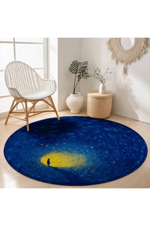 Velvet Round Area Rug Starry Night Pathway Silhouette Circular Floor Mat Soft Non-Slip Fantasy Dreamy Blue Accent Carpet for Bedroom Throw Rug