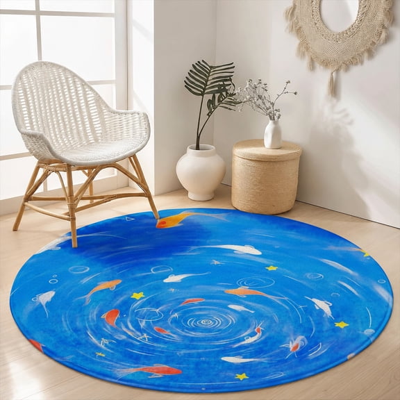 SPXUBZ Velvet Round Area Rug Underwater Ocean Fish Swarm Circular Floor Mat Soft Non-Slip Marine Life Blue Accent Carpet for Kids Room Bedroom Throw Rug
