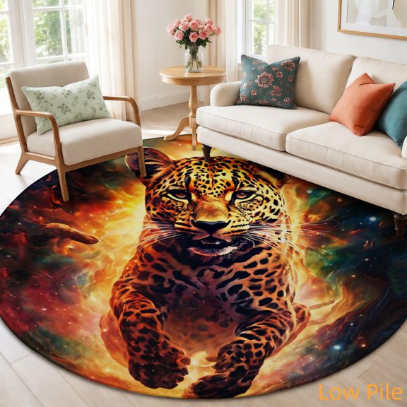 SPXUBZ Vibrant Fire Leopard Panther Wild Cat Tiger Round Area Rug, Soft Velvet Circle Carpet Non-Slip Floor Mat for Living Room Bedroom Home Decor
