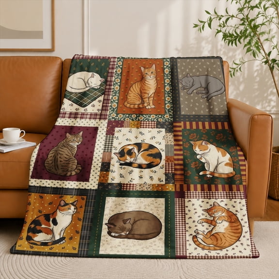 SPXUBZ Vintage Cat Portraits Patchwork Plaid Grid Flannel Throw Blanket Soft Warm Cozy Fleece Blanket for Cat Lovers Couch Decor
