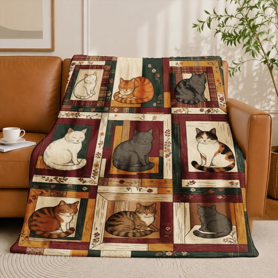 SPXUBZ Vintage Cats Portrait Grid Frame Pattern Flannel Throw Blanket Soft Warm Cozy Fleece Blanket for Cat Lovers Couch Sofa Decor