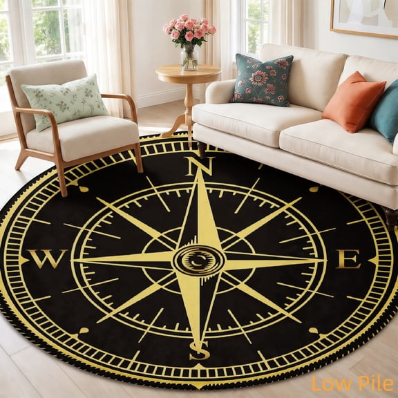 SPXUBZ Vintage Compass Nautical Map Design Round Area Rug, Soft Velvet Circle Carpet Non-Slip Floor Mat for Living Room Bedroom Home Decor