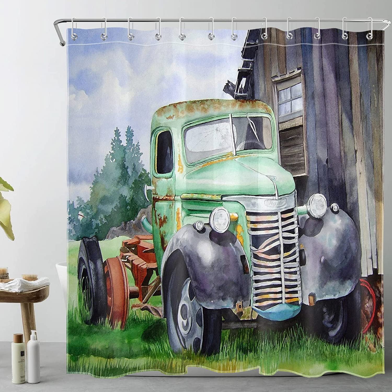 SPXUBZ Vintage Farm Truck Shower Curtain for Bathroom, Watercolor