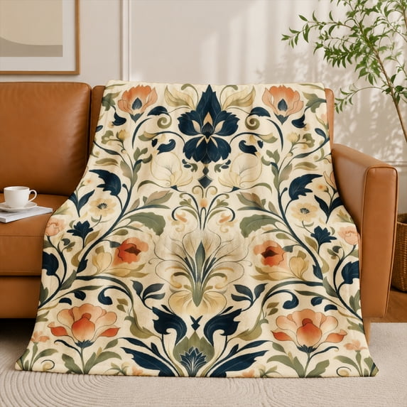 SPXUBZ Vintage Floral Damask Flannel Fleece Blanket Elegant Botanical Throw Blanket Decorative Soft Cozy Blanket for Bedroom Living Room 50"x40"