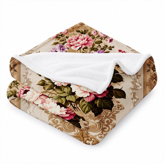 SPXUBZ Vintage Floral Flannel Throw Blanket, Ornate Beige Damask Border with Colorful Flower Bouquet Pattern, Classic Traditional Design, Soft Cozy Blanket for Sofa Bed Couch