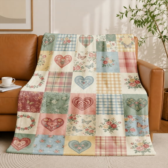SPXUBZ Vintage Heart Rose Floral Patchwork Grid Flannel Throw Blanket Soft Warm Cozy Fleece Blanket for Bed Couch Living Room Decor