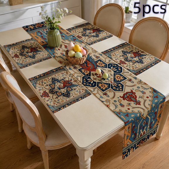 SPXUBZ Vintage Table Runner and Placemats Set of 5, 4 Pcs Linen Table Mats with Table Runner, Elegant Floral Tapestry, Rustic Farmhouse Kitchen Dining Room Table Decorations, Teal Blue / Cream, FS11
