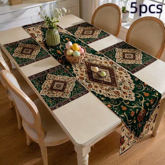 SPXUBZ Vintage Table Runner and Placemats Set of 5, 4 Pcs Linen Table Mats with Table Runner, Exotic Moroccan Boho Geometric, Rustic Farmhouse Kitchen Dining Room Table Decorations