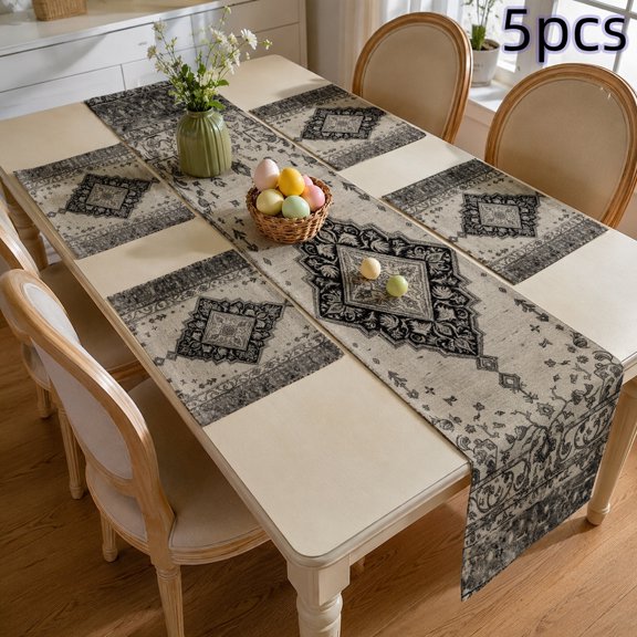 SPXUBZ Vintage Table Runner and Placemats Set of 5, 4 Pcs Linen Table Mats with Table Runner, Retro Distressed Oriental, Rustic Farmhouse Kitchen Dining Room Table Decorations