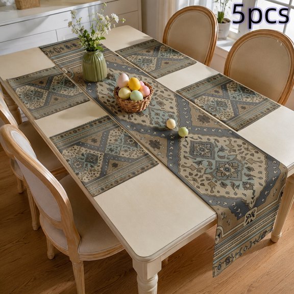 SPXUBZ Vintage Table Runner and Placemats Set of 5, 4 Pcs Linen Table Mats with Table Runner, Rustic Farmhouse Damask, Rustic Farmhouse Kitchen Dining Room Table Decorations
