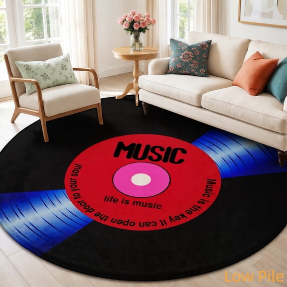 SPXUBZ Vinyl Record Music Player Retro Classic Vinyl Round Area Rug, Soft Velvet Circle Carpet Non-Slip Floor Mat for Living Room Bedroom Home Decor