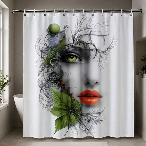 SPXUBZ Waterproof Fabric Shower Curtain with Hooks, Modern Abstract Black and White Woman Face with Green Leaves Bathroom Decor, Washable Bath Curtain