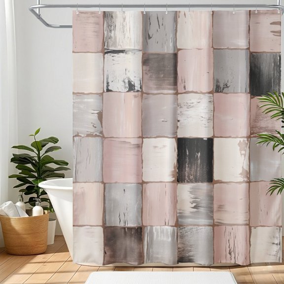 SPXUBZ Waterproof Fabric Shower Curtain with Hooks, Modern Geometric Pastel Pink Grey Tiles, Abstract Grid Pattern Bathroom Decor, Washable Bath Curtain