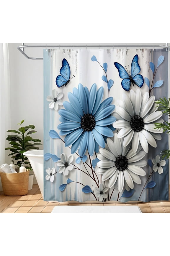 Waterproof Fabric Shower Curtain with Hooks, Modern Vibrant Blue White Gerbera Daisy, Flying Butterfly Floral Bloom Bathroom Decor, Washable Bath Curtain
