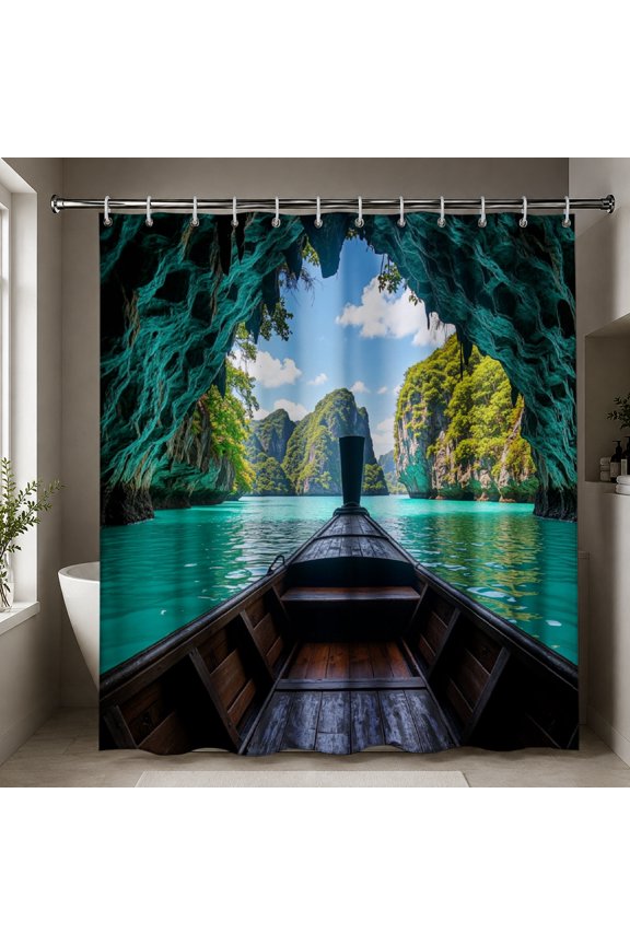 Waterproof Fabric Shower Curtain with Hooks, Mystical Deep Blue Sea Cave Ocean Water, Fantasy Nature Bathroom Decor, Washable Bath Curtain
