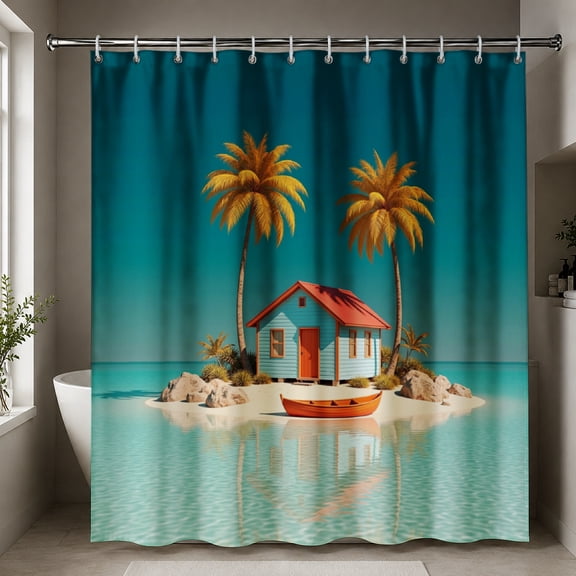 SPXUBZ Waterproof Fabric Shower Curtain with Hooks, Tropical Island Beach with Palm Trees, Sunny Ocean Oasis Bathroom Decor, Washable Bath Curtain