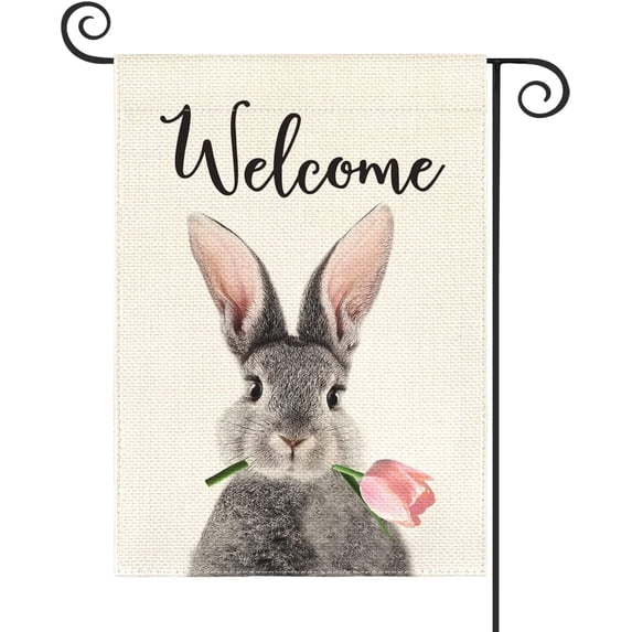 SPXUBZ Welcome Easter Rabbit Garden Flag Double Sided, Spring Easter Bunny Tulip Holiday Yard Outdoor Flag 12x18 Inch