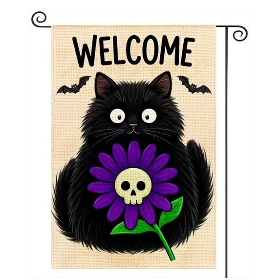 SPXUBZ Welcome Halloween Garden Flag, 12x18 Inch Vertical Double-Sided Spooky Black Cat with Flowers, Small Seasonal Yard Decor for Outdoor Use