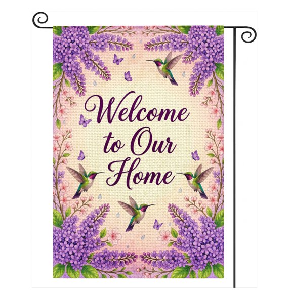 SPXUBZ Welcome Home Floral Garden Flag 12x18 Inch, Lavender Flower Linen Yard Flag with Butterfly Design, Outdoor Decorative Flag for Garden Lawn Porch Decoration