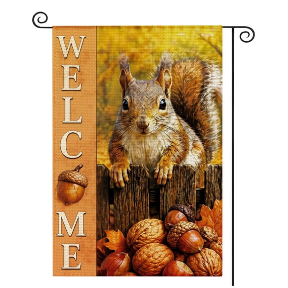 SPXUBZ Welcome Squirrel Garden Flag 12 x 18 Inch Linen Fall Outdoor Yard Flag Autumn Acorns Woodland Animal Front Porch Farmhouse Lawn Patio Seasonal Decoration
