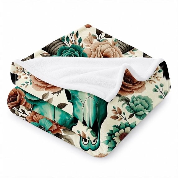 SPXUBZ Western Cow Skull Succulents Floral Flannel Throw Blanket Cozy Soft Warm Fleece Blanket Southwestern Farmhouse Decor Couch