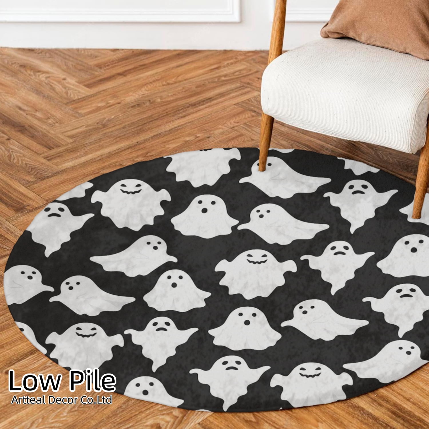 Ghost Rugs SPXUBZ White Ghosts On Black Background Soft Small Round Area Rugs Non ...