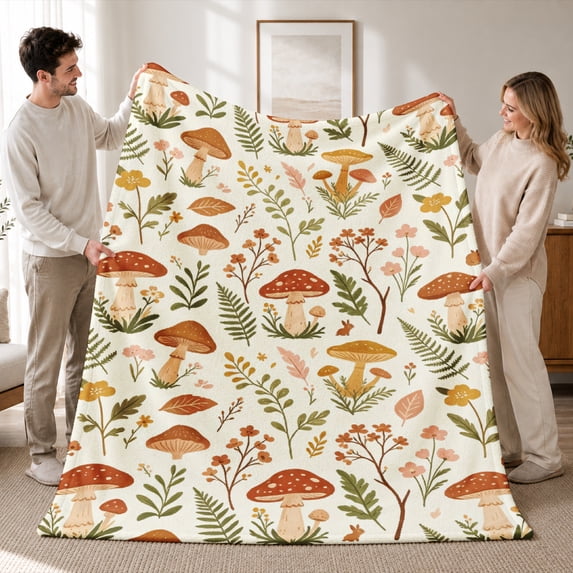 SPXUBZ Wild Mushroom Fern Flannel Fleece Throw Blanket, Vintage Forest Botanical Print Soft Lightweight Blanket, Cottagecore Decor Blanket for Sofa Bed