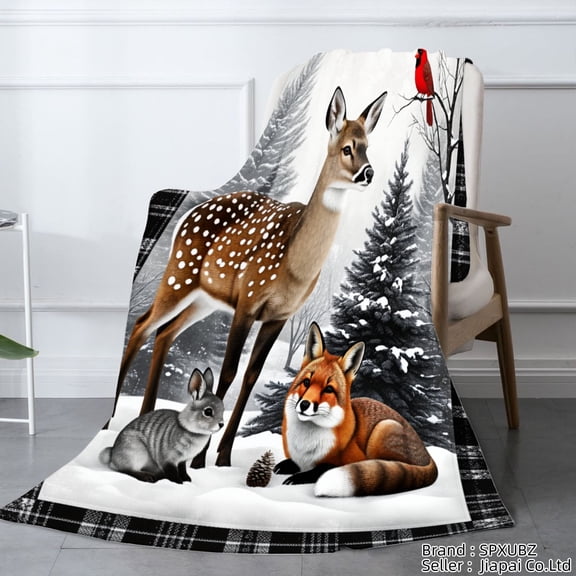 SPXUBZ Winter Forest Deer Fox Rabbit Throw Blanket for Winter Christmas Gift Home Sofa Bed Decoration 60x50 inch