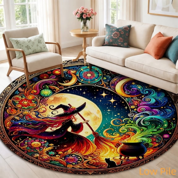 SPXUBZ Witch Witchcraft Magic Cat Moon Round Area Rug, Soft Velvet Circle Carpet Non-Slip Floor Mat for Living Room Bedroom Home Decor 31.5" × 31.5"