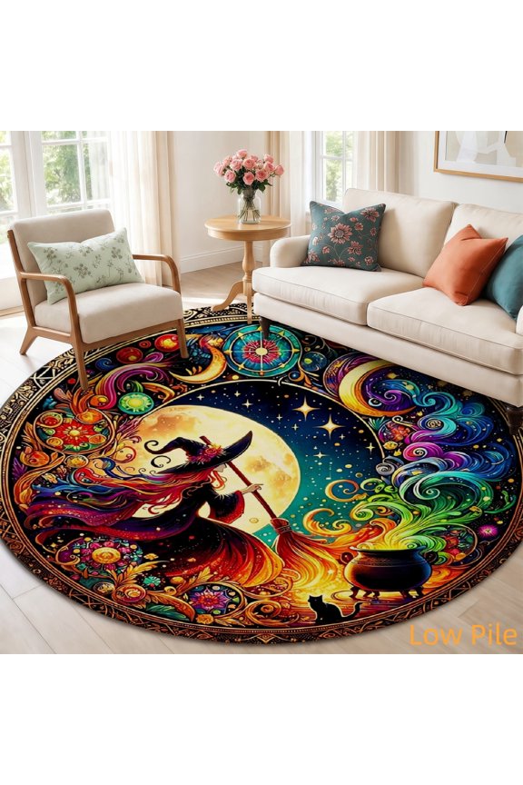 Witch Witchcraft Magic Cat Moon Round Area Rug, Soft Velvet Circle Carpet Non-Slip Floor Mat for Living Room Bedroom Home Decor 31.5" × 31.5"