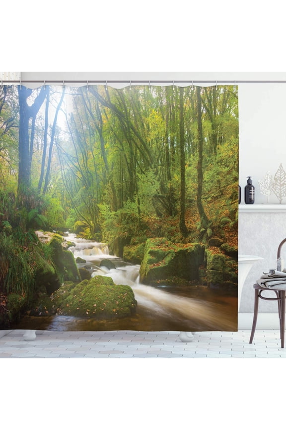 Woodland Shower Curtain, Forest Scene at Golitha Falls Nature Reserve on The River Fowey Cornwall England, Cloth Fabric Bathroom Decor Set with Hooks,72x72inch, Green Brown