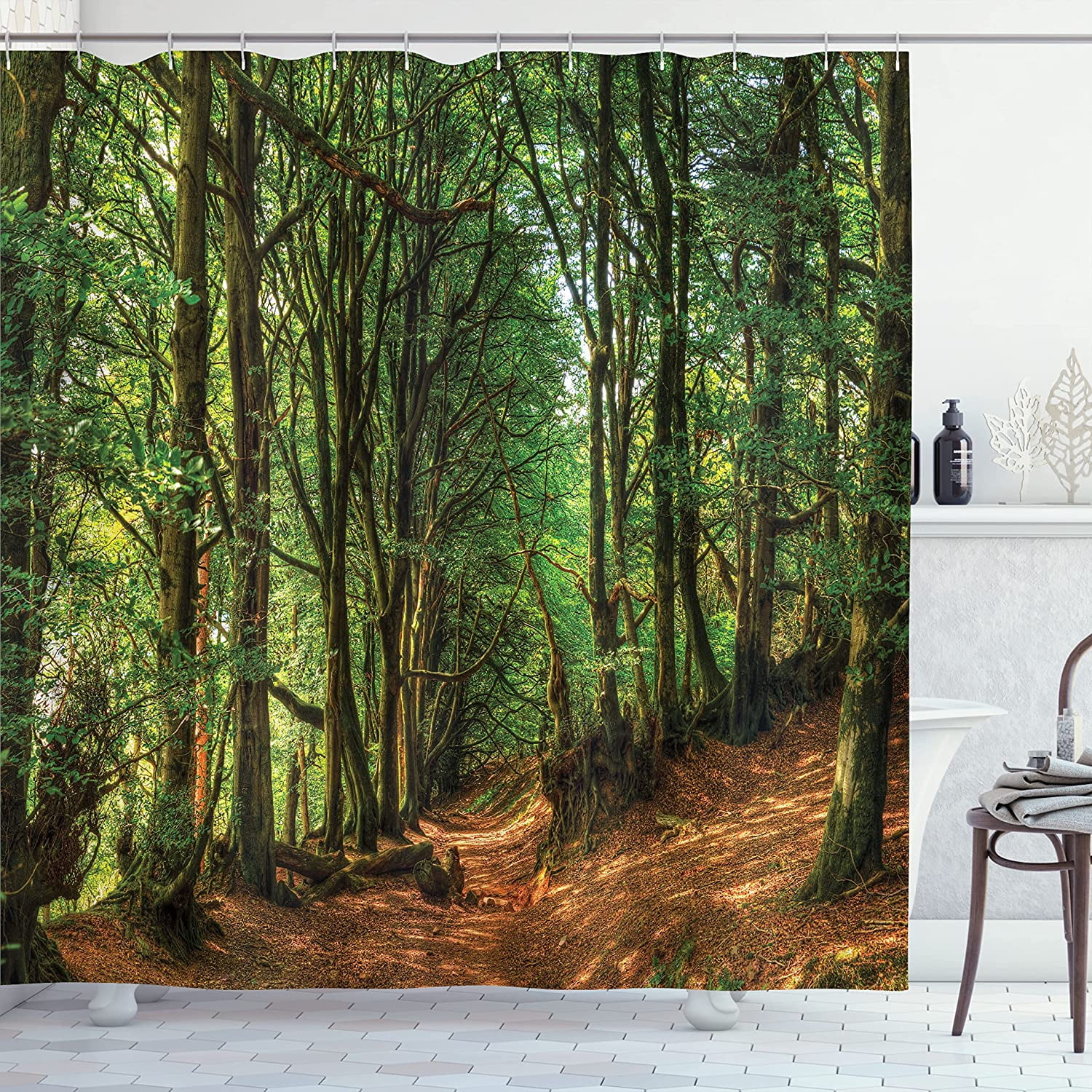 SPXUBZ Woodland Shower Curtain Forest Scene Trees and Pathway Foliage