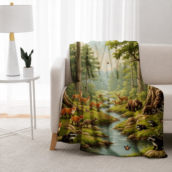 SPXUBZ Woodland Wildlife Flannel Throw Blanket, Realistic Forest Landscape with Deer and Wild Animals by a Peaceful Stream, Rustic Nature Design, Soft Cozy Blanket