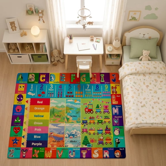 SPXUBZ World Map Animals Educational Grid for son and daughter Play Rug, Soft Velvet City Road Map Area Rug for Playroom Bedroom, Educational Toy Car Track Floor Mat