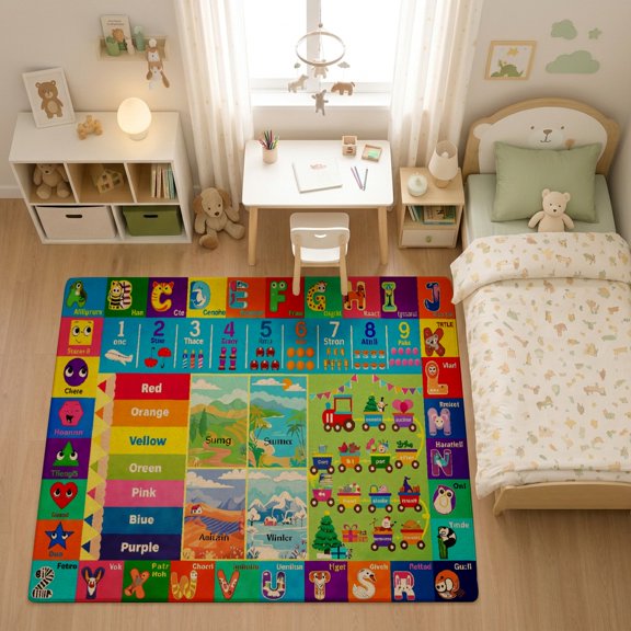 SPXUBZ World Map Animals Educational Grid for son and daughter Play Rug, Soft Velvet City Road Map Area Rug for Playroom Bedroom, Educational Toy Car Track Floor Mat