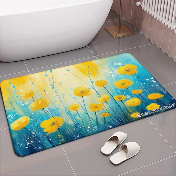SPXUBZ Yellow Flowers On Blue Background Non Slip Kitchen Mats Bathroom Rugs Floor Mats for Floor 24x16 inch