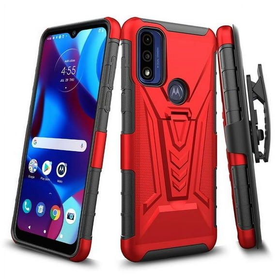 SPY CASE for Motorola Moto G Play 2023/Mot G Pure / Moto G Power 2022 Case with Tempered Glass Screen Protector with Kickstand Phone Belt Clip Holster Cover - Red