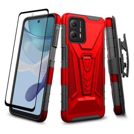SPY CASE for Moto G Power 5G 2023 Case with Tempered Glass Screen Protector Hybrid Cover with Kickstand Phone Belt Clip Holster - Red