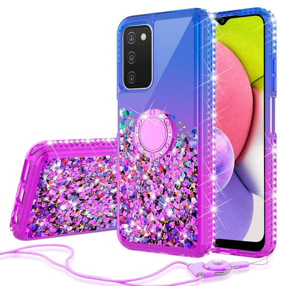 SPY CASE for Samsung Galaxy A03S 5G Case Ring Kickstand/Neckstrap Liquid Glitter Phone Case Cover with Tempered Glass Screen Protector - Purple/Blue