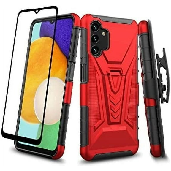 Compatble for Samsung Galaxy A14 5G Case with Tempered Glass Screen Protector Hybrid Cover with Kickstand Phone Belt Clip Holster - Red