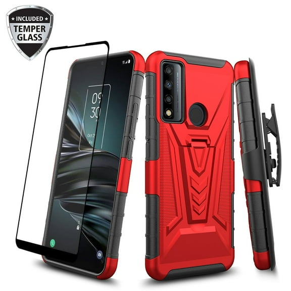 SPY Case for AT&T Motivate Max U668AA / Cricket Ovation 3 Case with Tempered Glass Screen Protector Cover with Kickstand Phone Belt Clip Holster - Red