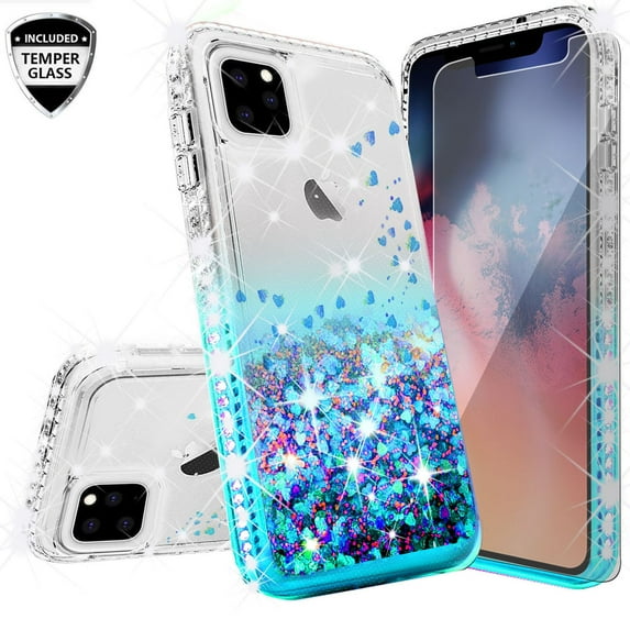 SPY Case for Apple iPhone 13 Case with Tempered Glass Screen Protector Liquid Glitter Cute Case Cover for Girls Women - Clear/Teal