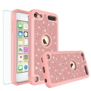 SPY Case for For New iPod Touch 7 Case, Touch 5, 6, 7th Generation Glitter Ruuged Case Cover with Tempered Glass Screen Protector - Rose Gold