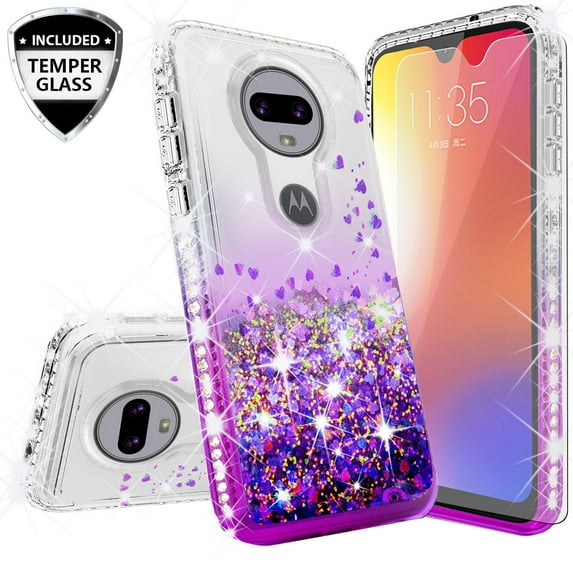SPY Case for Motorola Moto G7 / G7 ThinQ Liquid Glitter Case Waterfall Floating Quicksand Bling Cover - Purple/Clear