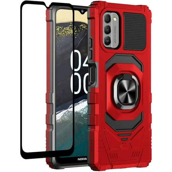 SPY Case for Nokia C110 Case Cover w/Tempered Glass Screen Protector Ring Kickstand - Red