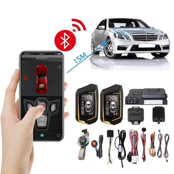 SPY PKE Keyless Entry Push Start Car Alarm System, APP Control, 1500m LCD 2-Way Remote, Vibration Anti-Theft Security