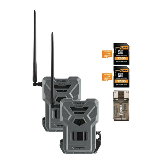 SPYPOINT FLEX DARK GPS Cellular Trail Camera 100 ft Detection No WiFi Needed Trail Cam with 32GB Memory Card and Card Reader (2 Pack)