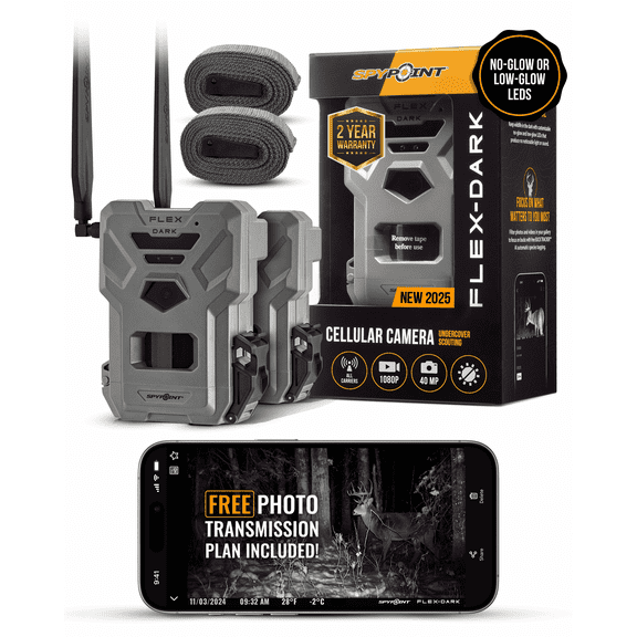 SPYPOINT Flex-Dark Twin Pack Cellular Trail Camera, 40MP Photos and 1080p Videos w/Sound, Double The Battery Capacity, GPS-Enabled, Dual-SIM LTE Connectivity, 100' Flash & Detection Range (2 Pack)