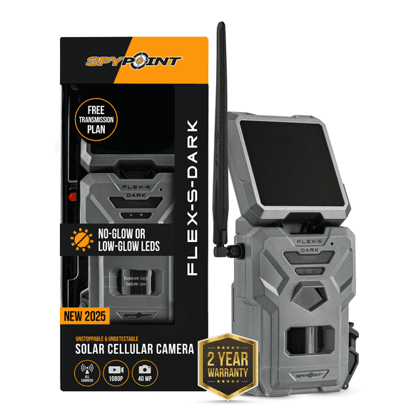 SPYPOINT Flex-S Dark Solar Outdoor Cellular Trail Camera - Integrated Solar Panel, No WiFi Needed, Night Vision Motion Activated, Dual-Sim LTE, 40MP Photos and 1080p w/Sound
